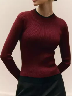 Long Sleeve Rib-knit Sweater With Contrasting Edges Spring Casual Basic Tops For Women 2026