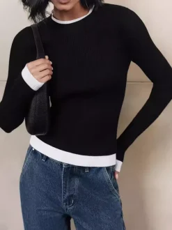 Long Sleeve Rib-knit Sweater With Contrasting Edges Spring Casual Basic Tops For Women 2026