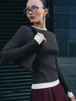 Long Sleeve Rib-knit Sweater With Contrasting Edges Spring Casual Basic Tops For Women 2026