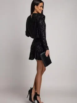 Long Sleeve Sequin Stripe Ruched Mini Party Dress For Women 2026
