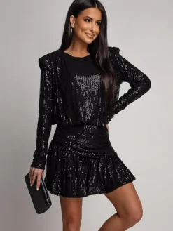 Long Sleeve Sequin Stripe Ruched Mini Party Dress For Women 2026