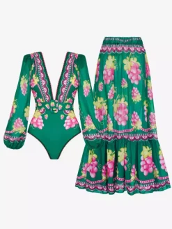 Long Sleeve Swimsuit Set For Women - Green Fruit Print Deep V Monokini With Belted Waist & Maxi Skirt - Summer Resort 2026