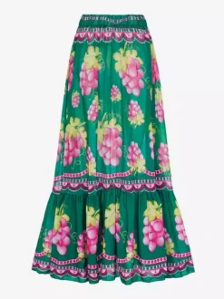 Long Sleeve Swimsuit Set For Women - Green Fruit Print Deep V Monokini With Belted Waist & Maxi Skirt - Summer Resort 2026