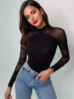 Long Sleeves Bodysuit Black Stretch Jewel Neck Chic Polyester Top For Women