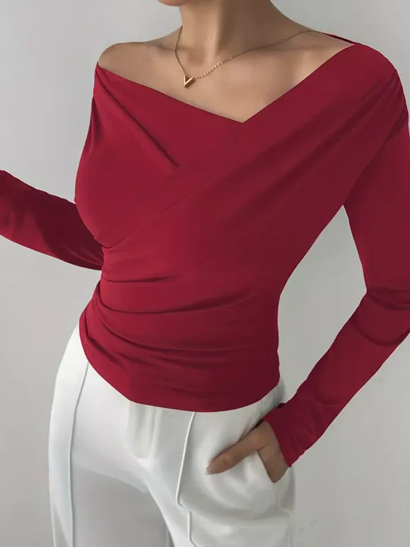 Long Sleeves Tees Black Asymmetrical Neck Polyester Tee Shirt For Women