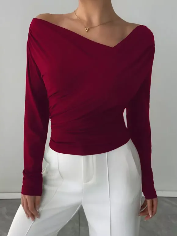 Long Sleeves Tees Black Asymmetrical Neck Polyester Tee Shirt For Women