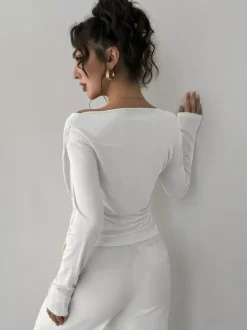 Long Sleeves Tees Black Asymmetrical Neck Polyester Tee Shirt For Women