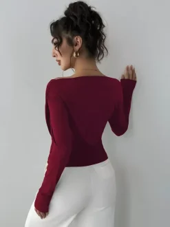 Long Sleeves Tees Black Asymmetrical Neck Polyester Tee Shirt For Women