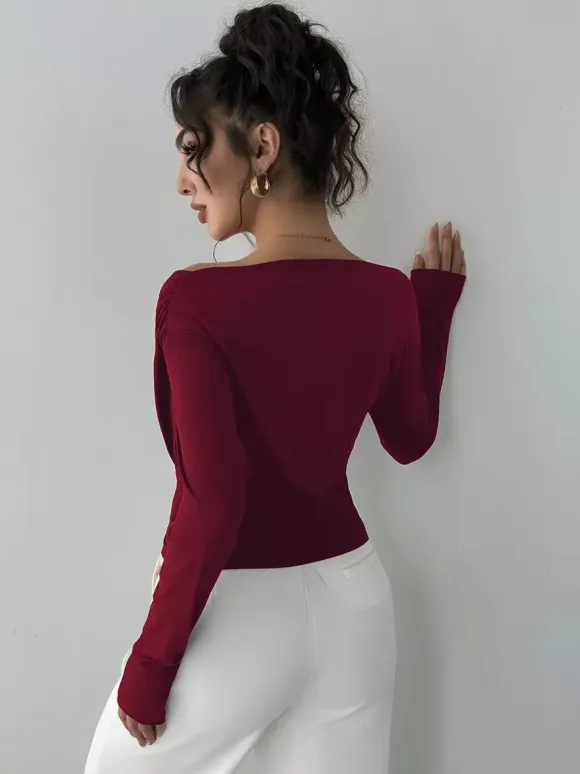 Long Sleeves Tees Black Asymmetrical Neck Polyester Tee Shirt For Women