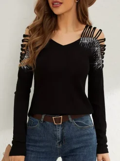 Long Sleeves Tees Black Cotton Clothes Rhinestones Cut Out V-Neck Women Tee Shirt