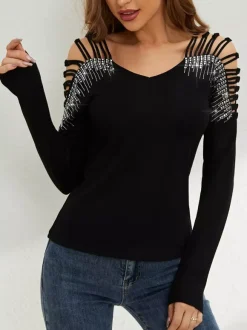 Long Sleeves Tees Black Cotton Clothes Rhinestones Cut Out V-Neck Women Tee Shirt