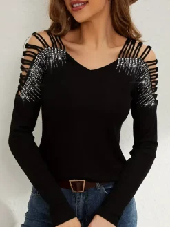 Long Sleeves Tees Black Cotton Clothes Rhinestones Cut Out V-Neck Women Tee Shirt