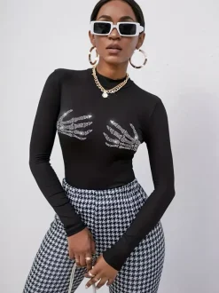 Long Sleeves Tees Black Skull Pattern Rhinestones Jewel Neck Women Tee Shirt