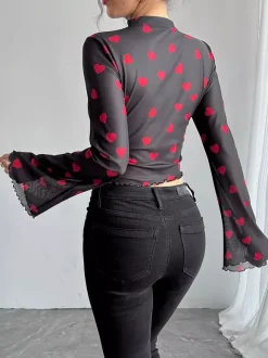 Long Sleeves Tees Brown Floral Print Stand Collar Polyester Women Tee