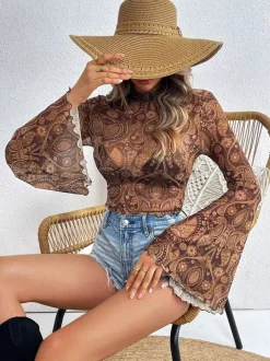 Long Sleeves Tees Brown Floral Print Stand Collar Polyester Women Tee