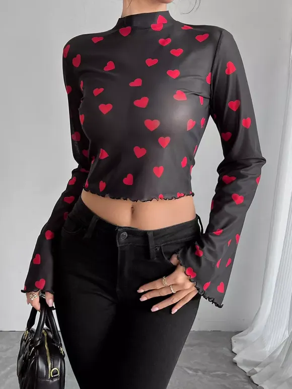 Long Sleeves Tees Brown Floral Print Stand Collar Polyester Women Tee