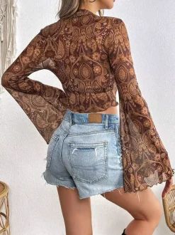 Long Sleeves Tees Brown Floral Print Stand Collar Polyester Women Tee