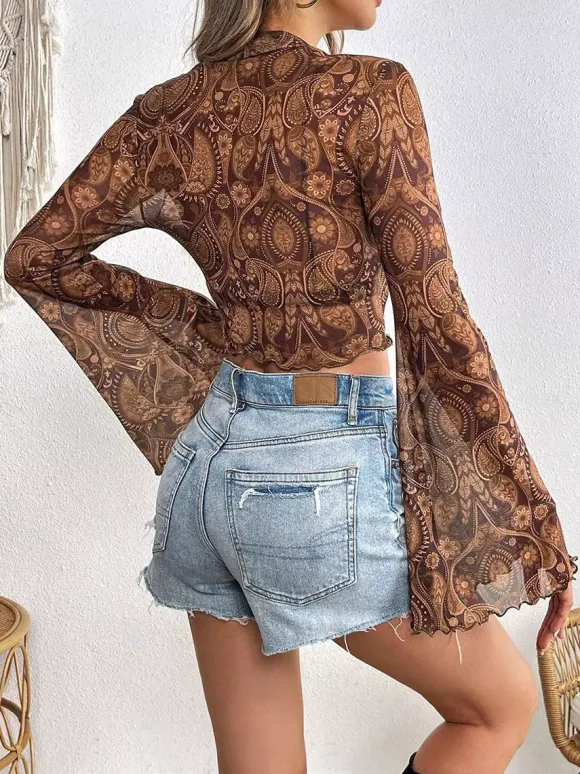 Long Sleeves Tees Brown Floral Print Stand Collar Polyester Women Tee