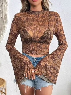 Long Sleeves Tees Brown Floral Print Stand Collar Polyester Women Tee