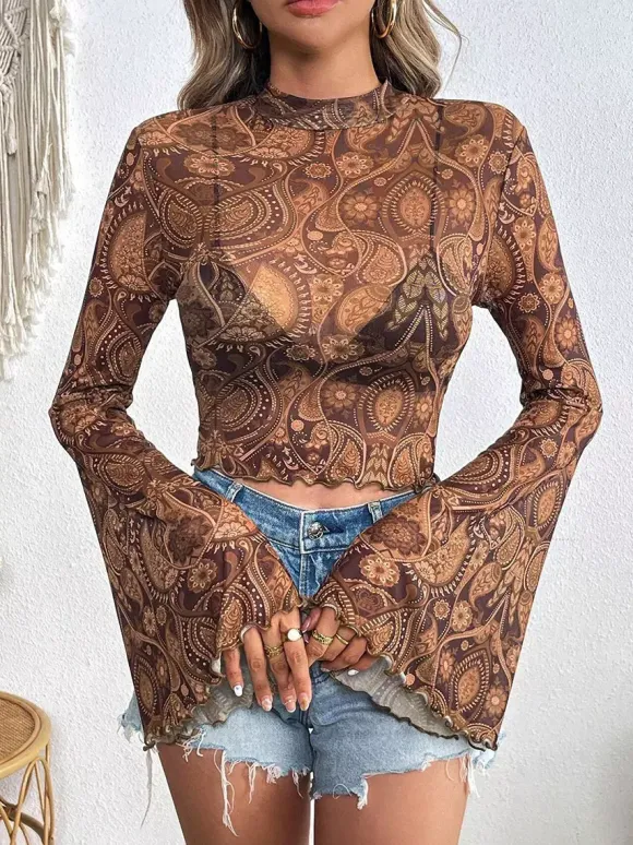 Long Sleeves Tees Brown Floral Print Stand Collar Polyester Women Tee