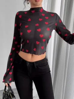 Long Sleeves Tees Brown Floral Print Stand Collar Polyester Women Tee