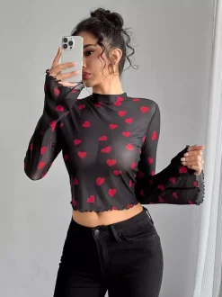 Long Sleeves Tees Brown Floral Print Stand Collar Polyester Women Tee