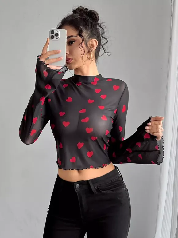 Long Sleeves Tees Brown Floral Print Stand Collar Polyester Women Tee