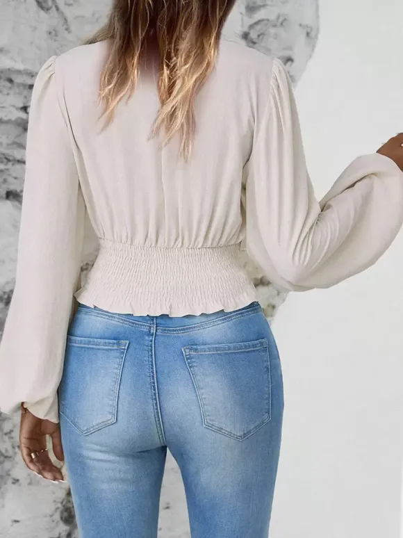 Long Sleeves Tees Dark Green Layered V-Neck Women Tee