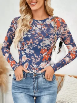Long Sleeves Tees Leopard Floral Print Leopard Print Jewel Neck Women T Shirt