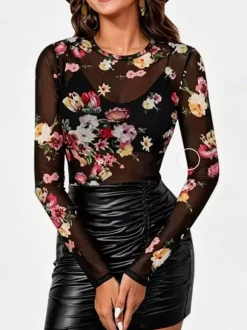 Long Sleeves Tees Leopard Floral Print Leopard Print Jewel Neck Women T Shirt