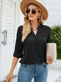 Long Sleeves Tees White Chiffon V-Neck Women T Shirt