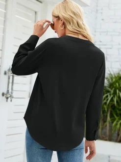 Long Sleeves Tees White Chiffon V-Neck Women T Shirt