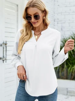 Long Sleeves Tees White Chiffon V-Neck Women T Shirt