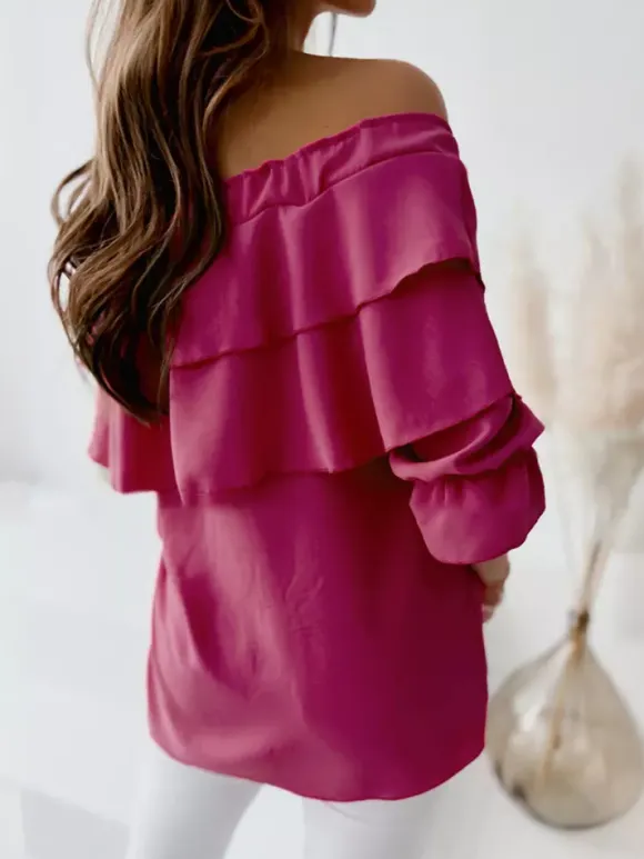 Long Sleeves Tees White Ruffles Bateau Neck Women T Shirt