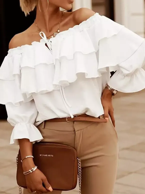 Long Sleeves Tees White Ruffles Bateau Neck Women T Shirt