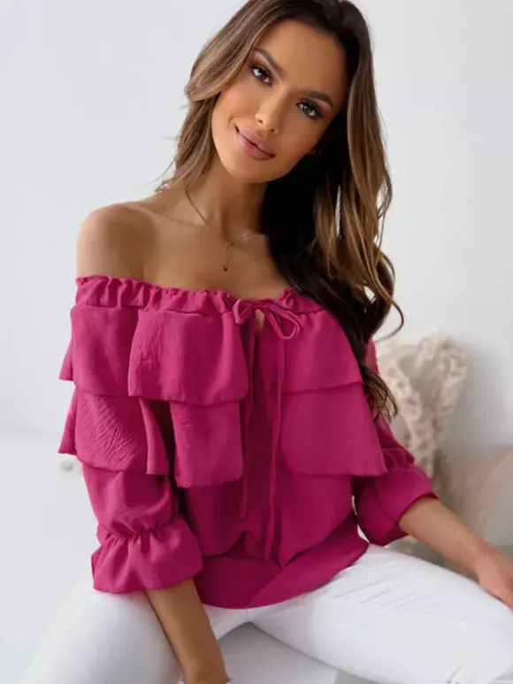 Long Sleeves Tees White Ruffles Bateau Neck Women T Shirt