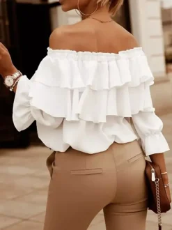 Long Sleeves Tees White Ruffles Bateau Neck Women T Shirt