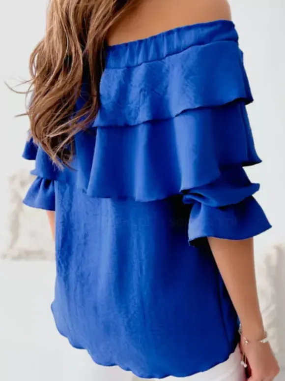 Long Sleeves Tees White Ruffles Bateau Neck Women T Shirt