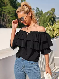 Long Sleeves Tees White Ruffles Bateau Neck Women T Shirt