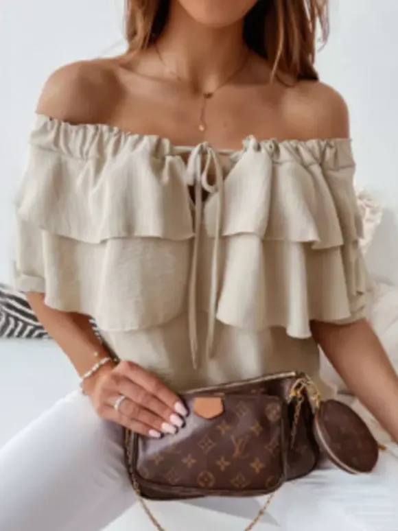 Long Sleeves Tees White Ruffles Bateau Neck Women T Shirt