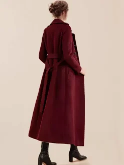Long Wool Blend Coat For Women Burgundy Double-breasted Belted Turndown Collar Classic Winter Outerwear 2026