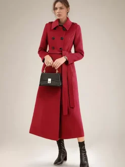 Long Wool Blend Coat For Women Burgundy Double-breasted Belted Turndown Collar Classic Winter Outerwear 2026