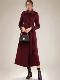 Long Wool Blend Coat For Women Burgundy Double-breasted Belted Turndown Collar Classic Winter Outerwear 2026