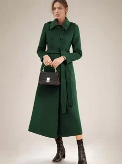 Long Wool Blend Coat For Women Burgundy Double-breasted Belted Turndown Collar Classic Winter Outerwear 2026