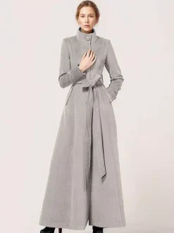 Long Wool Blend Coat Stand collar Belted Warm Classic Full-length Winter Outerwear For Women 2026