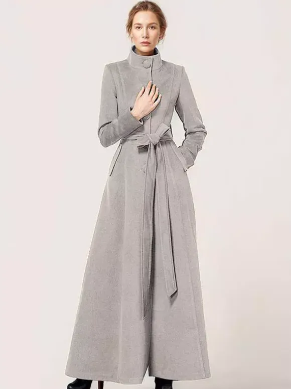 Long Wool Blend Coat Stand collar Belted Warm Classic Full-length Winter Outerwear For Women 2026