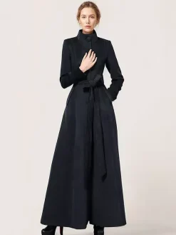 Long Wool Blend Coat Stand collar Belted Warm Classic Full-length Winter Outerwear For Women 2026