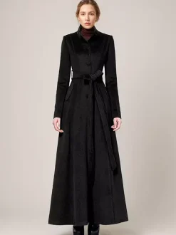 Long Wool Blend Coat Stand collar Belted Warm Classic Full-length Winter Outerwear For Women 2026