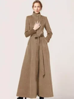 Long Wool Blend Coat Stand collar Belted Warm Classic Full-length Winter Outerwear For Women 2026