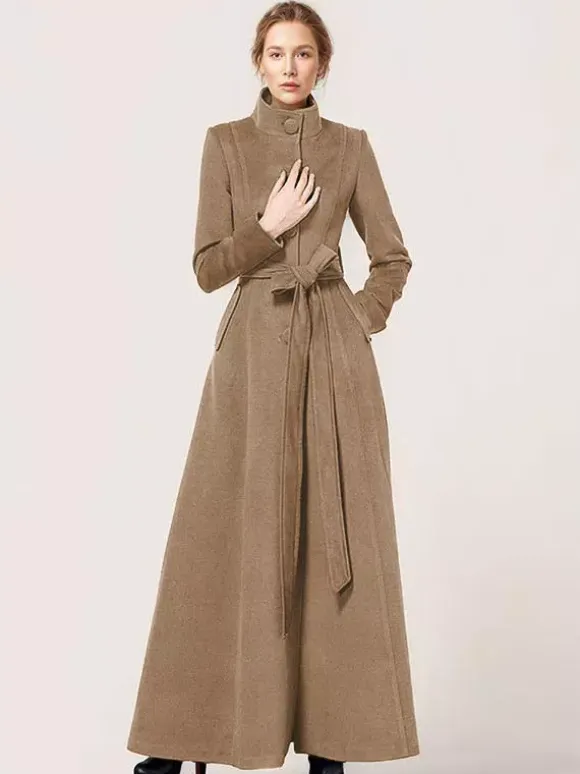 Long Wool Blend Coat Stand collar Belted Warm Classic Full-length Winter Outerwear For Women 2026